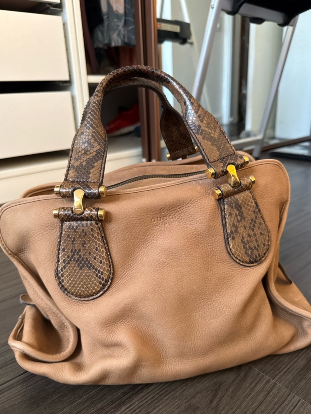 Gucci Brown Pebbled Calfskin Boston Satchel with Snakeskin Handles